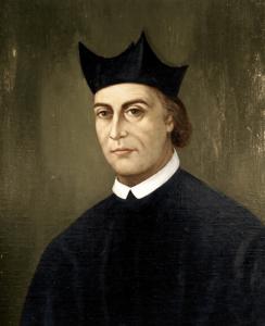 Painting of Jose Lopez, wearing black robes and a white collar, with a Jesuit biretta