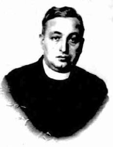 A blurry passport photo of Leo Andries, a young priest with dark hair wearing a dark coat and high white collar