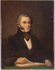 A painting of Thomas Levins, waering glasses with gray hair and muttonchops, turning the pages of a book
