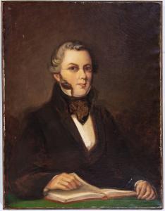 A painting of Thomas Levins, wearing glasses with gray hair and muttonchops, turning the pages of a book