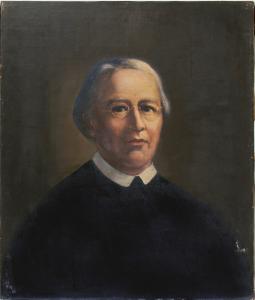 Painting of William Feiner, and older man with parted gray hair and glasses wearing black robes and a white collar