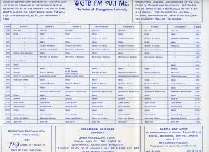 WGTB schedule of programs printed in blue ink. It includes an advertisement for the 1789 restaurant and the statement that the station is "The Voice of Georgetown University."