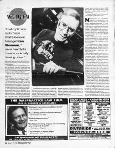 Newspaper page with photograph of Ken Sleeman and a pull quote from him: "In all my time in radio" says WGTB General Manager Ken Sleeman, "I have never heard of a tower accidentally blowing down."
