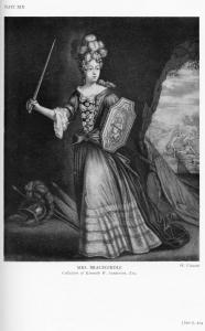 Plate XIX from Restoration Theatre, showing the actress Anne Bracegirdle depicted in a rare mezzotint by W. Vincent