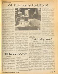 Full page of the Georgetown Voice with articles titled "WGTB Equipment Sold for $1" and "Station May Go AM."