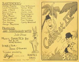 Roster of musicians and staff for Cabaret 1979. It is printed on yellow paper with black text. The front cover is jungle-themed and includes drawings of Stan Laurel and Oliver Hardy. The back cover lists the names of bartenders, the producer, musical directors and director.