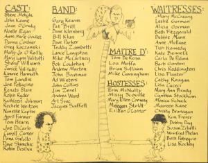 Roster of musicians and staff for Cabaret 1979. It is printed on yellow paper with black text. The illustrations and  jungle-themed and show the Marx Brothers. It lists the names of the cast, band, maitre D', hostesses, and wait staff.
