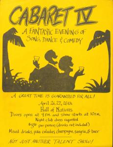 Yellow flyer with black text, showing the outline of two figures holding cocktail glasses who are framed by two palm trees.