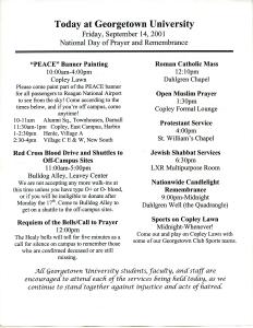Printed schedule of events including peace banner painting, Red Cross blood drive, Requiem of the Bells, and worship services.