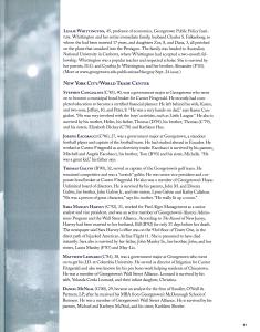Page two of a Georgetown Magazine article with a brief biographies of Leslie Whittington, Stephen Cangialosi, Joseph Eacobacci, Thomas Gavin, Sara Manley Harvey, Matthew Leonard, and Daniel McNeal.