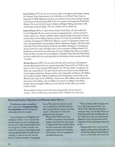 Page three of a Georgetown Magazine article with a brief biographies of Jason Sabbag, Joseph P. Shea, and Patrick Sullivan. Also survivor stories from Allison Gilbert Weintraub and Margaret Pepe.
