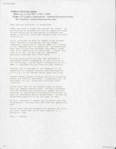 Print out of email message signed by John J. DeGioia. It begins "Today has been a tragic day around the nation."