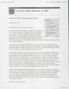 Print out of web page which carries the text of a letter from the University President which offers reassurance, states that classes will be held on September 12, and reports the death of Georgetown Professor Leslie Whittington.