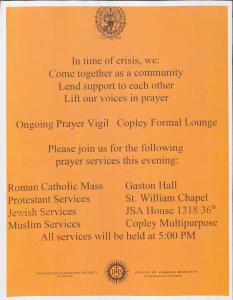 Flyer printed on orange page with black text. It lists the location of prayer services on campus and begins with the text : In time of crisis we come together as a community, lend support to each other, lift our voices in prayer.