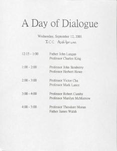 Printed schedule of faculty speakers at the Day of Dialogue afternoon sessions. The location of ICC auditorium is handwritten at the top.