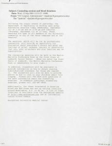 Print out of email listing locations of counseling services on campus and directing people wishing to donate blood to the Red Cross website