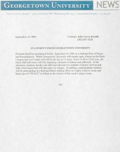 Printed statement with a blue Georgetown University News heading