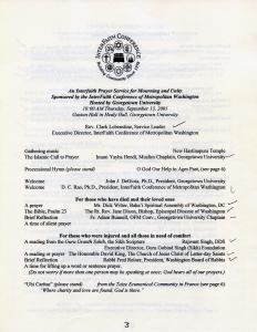 Page three of program with the Order of Service including a welcome by President John J. DeGioia.