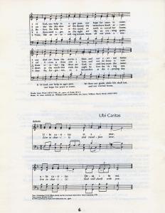 Page six of the program with words and music to "O God, Our Help in Ages Past" and "Ubi Caritas."