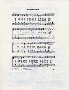 Page seven of the program with the words and music to "America the Beautiful."