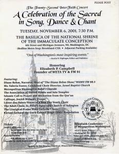 Page page of the program with information about the Twenty-Second InterFaith  Concert to be held on November 6, 2001.