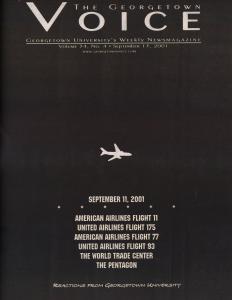 Cover of student newspaper. It features white text on a black background and shows an outline of a white plane and the date September 11, 2001.
