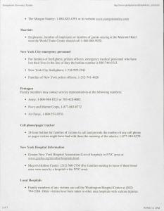 Print out from the GU website listing telephone numbers for World Trade Center businesses continued, Marriott New York, New York emergency personnel, Pentagon, cell phone/pager tracker for victims, New York hospital, and local hospitals.
