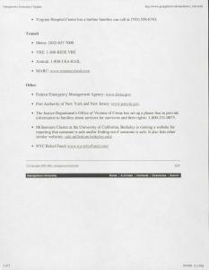 Print out from the GU website listing telephone numbers for Transit, FEMA,  Port Authority of New York and New Jersey, Justice Department, Millennium Cluster, and NYC Relief Fund.