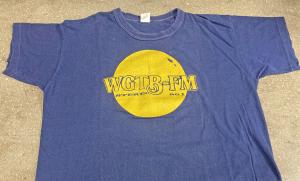 Blue crew neck t-shirt with a yellow "WGTB-FM stereo 90.1" logo
