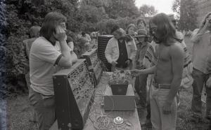 Black and white photograph showing radio equipment on display at Pandamedia.