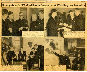 Newspaper clipping with photographs of the GU Forum featuring Frank Blair and Fathers Daniel Power, S.J., and Edmund Walsh, S.J.