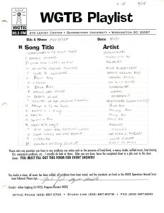 Form with handwritten entries listing 20 songs and artists