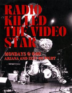 Flyer with black background for "Radio Killed the Video Star Show. The Flyer features a guitarist on stage, jumping with their head down, holding a guitar over their head.