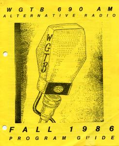 Cover of the fall 1986 program guide printed on yellow paper with black text. Includes an hand-drawn image of a microphone labeled with the letters "WGTB."