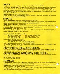 Page from the fall 1986 program guide printed on yellow paper with black text. Includes descriptions of news and sports shows.