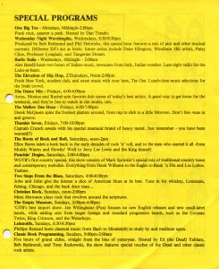 Page from the fall 1986 program guide printed on yellow paper with black text. Includes descriptions of music shows.