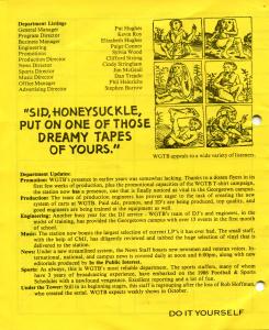 Page from the fall 1986 program guide printed on yellow paper with black text. Includes lists of WGTB departments and staff..