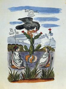 A reproduction from the 16th-century illustrated manuscript known as the Codex Durán Atlas featuring an eagle eating a bird on top of a cactus and two people next to it.