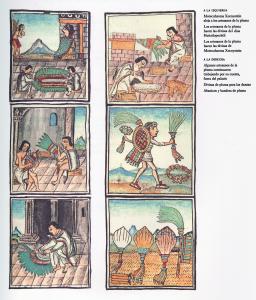 Illustration from Historia general de las cosas de Nueva España depicting featherwork artisans creating regalia.