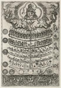 The Great Chain of Being etching from Rhetorica Christiana depicting Aristotelian metaphysics superimposed onto the natural world of Mexico.