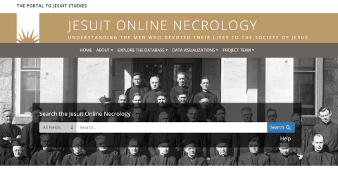 Home page of the Jesuit Online Necrology with a search bar and black and white image of Jesuits