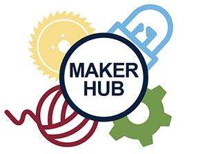 Maker Hub logo, showing a saw blade, light bulb, gear, and ball of yarn