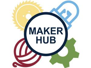 Maker Hub logo, showing a saw blade, light bulb, gear, and ball of yarn