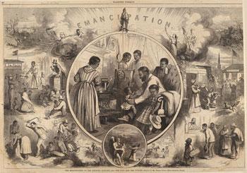 The Emancipation of the Negros—The Past and Future by Thomas Nash, an illustration depicting visions of slavery and the hopes of emancipation