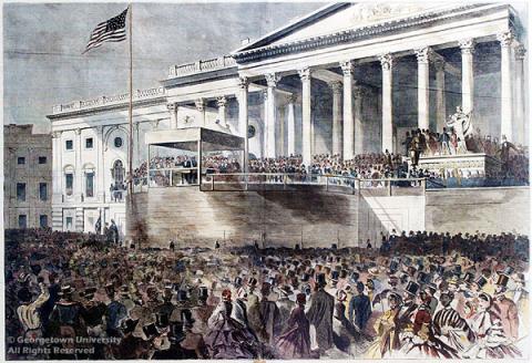 Wood engraving of Abraham Lincoln's presidential inauguration.