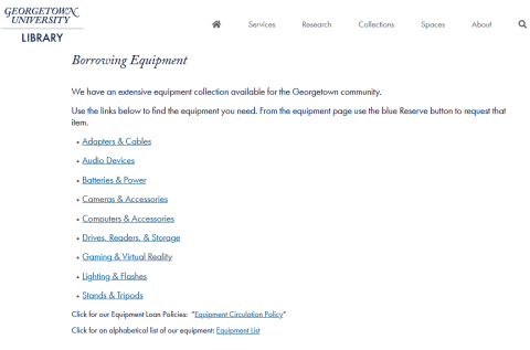 Library web page listing the types of equipment available.