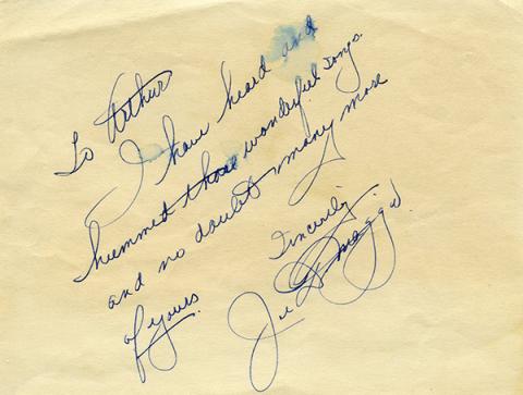 DiMaggio signed note to Arthur Johnston