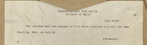 Typed notice of damage by fire on a mail train