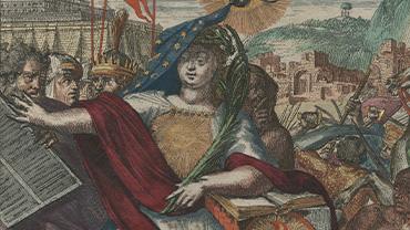 A woodcut depicts a woman symbolizing Lady Justice gesturing to the left and resting her arm on a Bible.