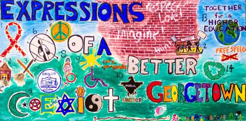 A colorful mural with the text "Expressions of a Better Georgetown" surrounded by symbols expressing social and political goals and ideals.
